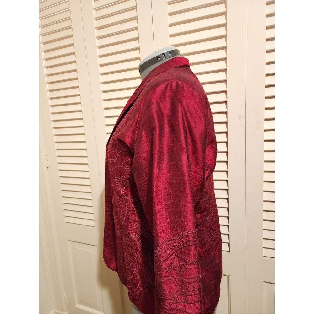 Anu 100% Pure Silk Embossed Jacket Burgundy Blazer Women's Size L - Picture 4 of 10